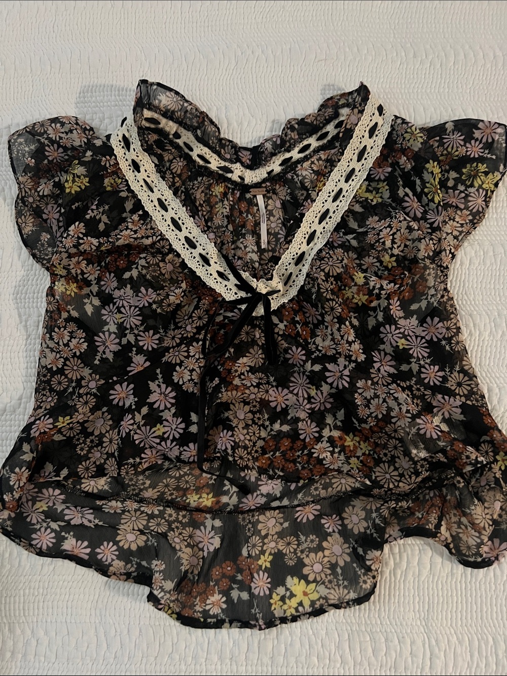 Free People Black Floral Lace-Trim Sheer Blouse